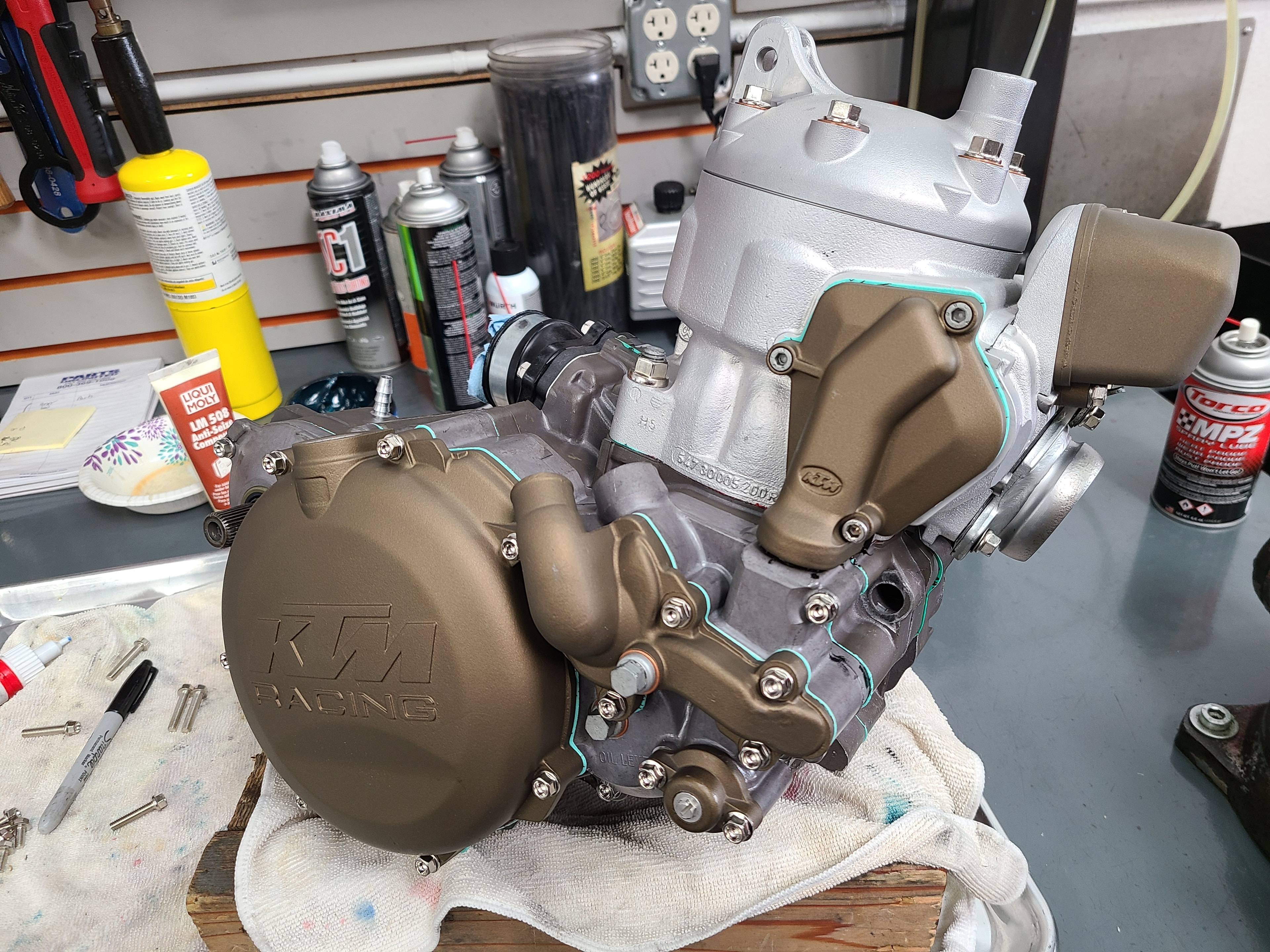 Freshly rebuilt KTM Racing engine on the workbench